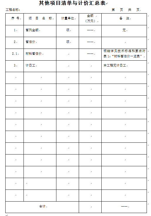 北京电大宿舍楼工程投标文件（商务标）-其他项目清单与计价汇总表
