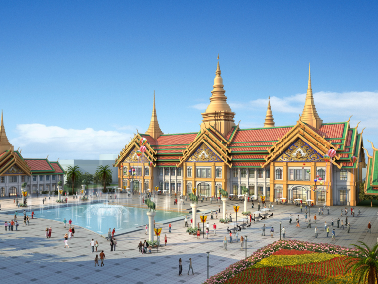 旅游景区城市设计资料下载-[云南]东南亚风格景区民族特色购物园区设计方案文本+施工图+模型（PPT+PDF+CAD+SU）