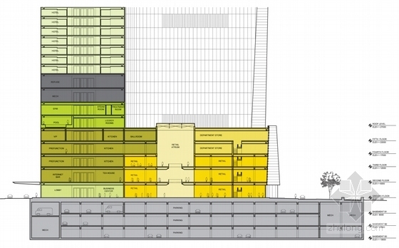 [江苏]超高层玻璃幕墙星级酒店及办公建筑设计方案文本-超高层玻璃幕墙星级酒店及办公建筑剖面图