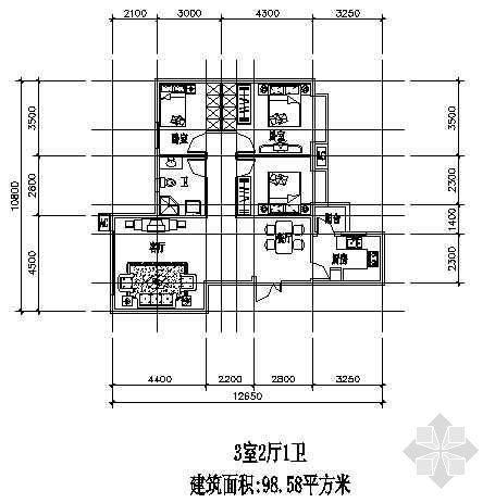 三室两厅一厨一卫一梯户型图资料下载-三室两厅一厨一卫98.58平方米