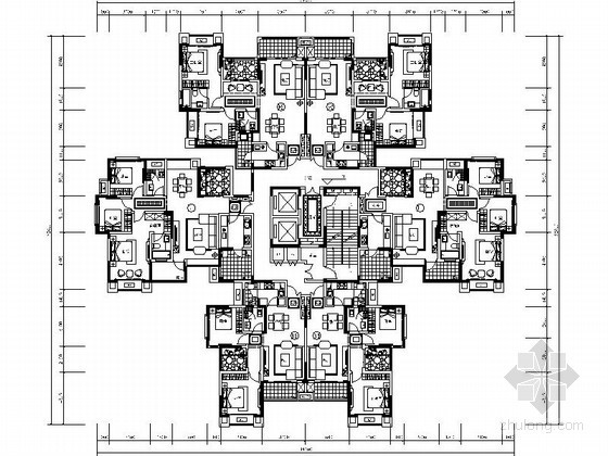 100平方米平面CAD资料下载-某高层一梯六住宅户型平面图（120、100、80平方米）