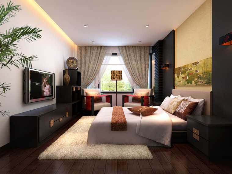 新中式卧室沙发资料下载-新中式舒适卧室3D模型下载
