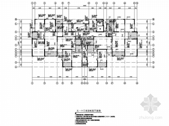 32层剪力墙结构安置小区高层住宅结构施工图（含建筑施工图）-三～十二层梁配筋平面图
