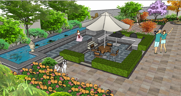 私家庭院别墅平面图效果图资料下载-私家别墅花园庭院3d模型下载 
