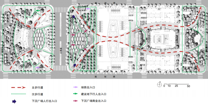 [江苏]绿色立体化金融商务街区绿地景观设计方案-步行流线分析