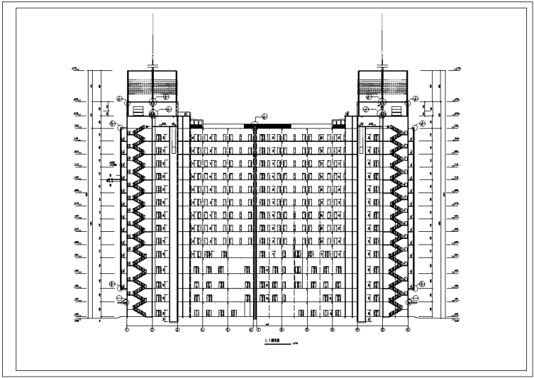 [北京]某假日广场酒店超全建筑CAD施工图-[北京]某假日广场建筑图纸1-1剖面图 