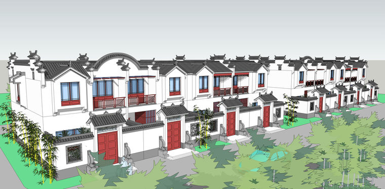 徽派建筑商业街su模型资料下载-中式风格联排住宅建筑SU模型