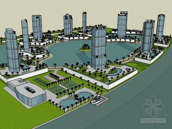 高层建筑模型免费下载资料下载-滨水高层建筑SketchUp模型下载