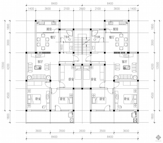 板式两梯四户户型图资料下载-板式多层一梯二户户型图(109/109)