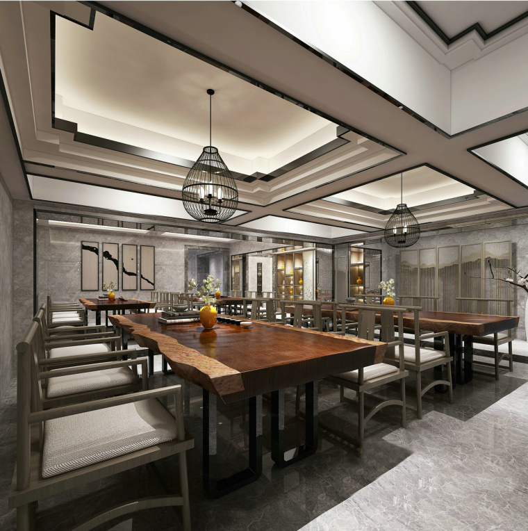 中式家具块资料下载-中式灰调餐饮空间3D模型