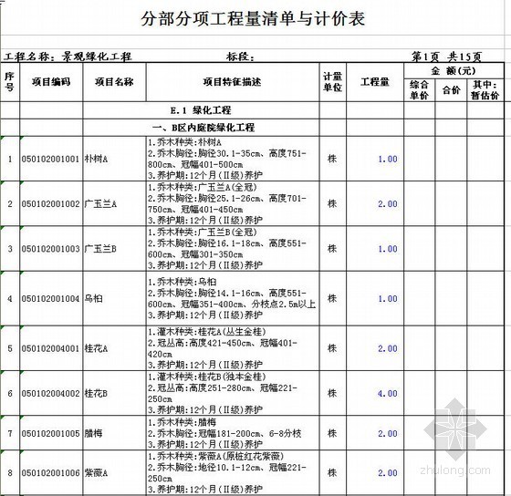 山体公园景观工程量清单资料下载-某景观工程招标工程量清单（不含报价）