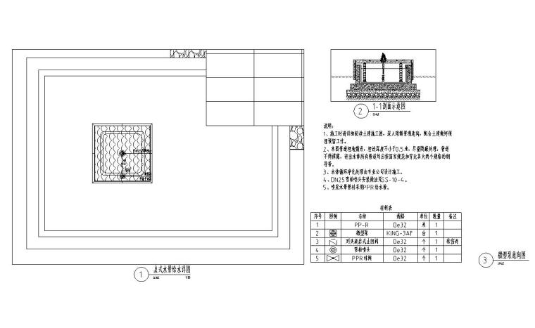 [重庆]九里晴川示范区给排水施工图设计（CAD）-点式水景给排水详图