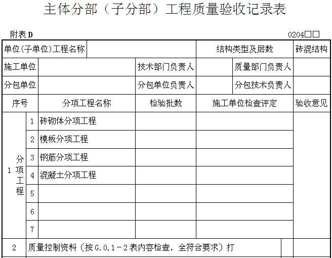 建筑工程施工质量验收表格(直接套用)-主体分部（子分部）工程质量验收记录表