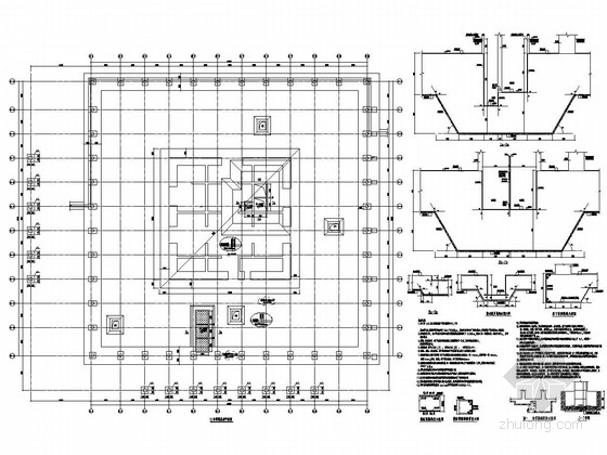 [贵州]74层型钢框架-矩形核心筒结构超B级超高层综合楼结构施工图（含6层地下室）-塔楼基础平面图 