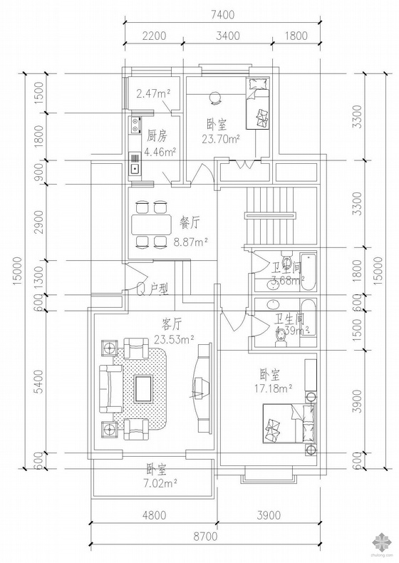 一层多户户型图cad资料下载-板式多层单户户型图(136)