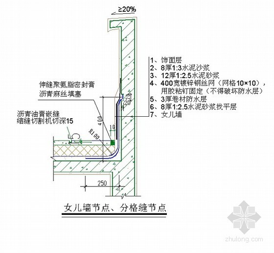 屋面分格缝施工方案资料下载-女儿墙、分格缝防水节点详图