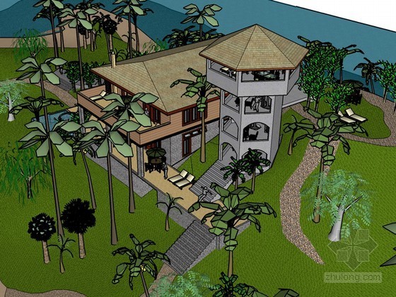 小岛景观文本资料下载-小岛别墅SketchUp模型下载