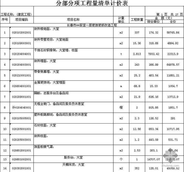 酒店装修改造清单资料下载-长春市某宾馆装修改造工程清单计价实例