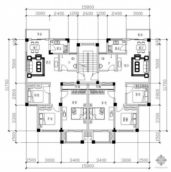 一户一厅户型资料下载-板式多层一梯二户三室一厅一卫户型图(92/92)