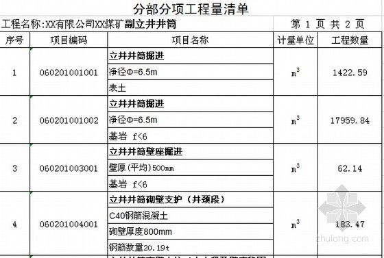 [甘肃]煤矿副立井井筒建筑工程量计算及清单计价实例-分部分项工程量清单 