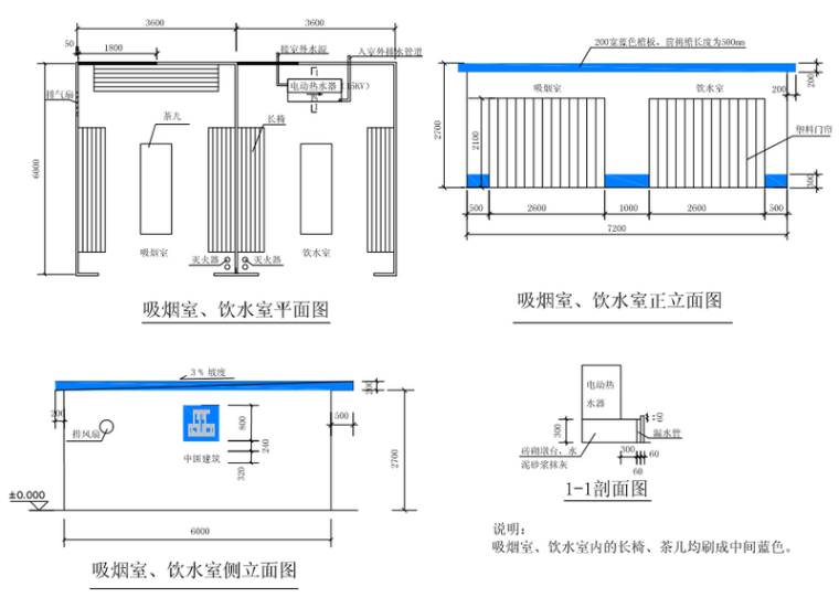 中建建筑施工现场标准化图集2011版（58页，附图多）-吸烟室、饮水室