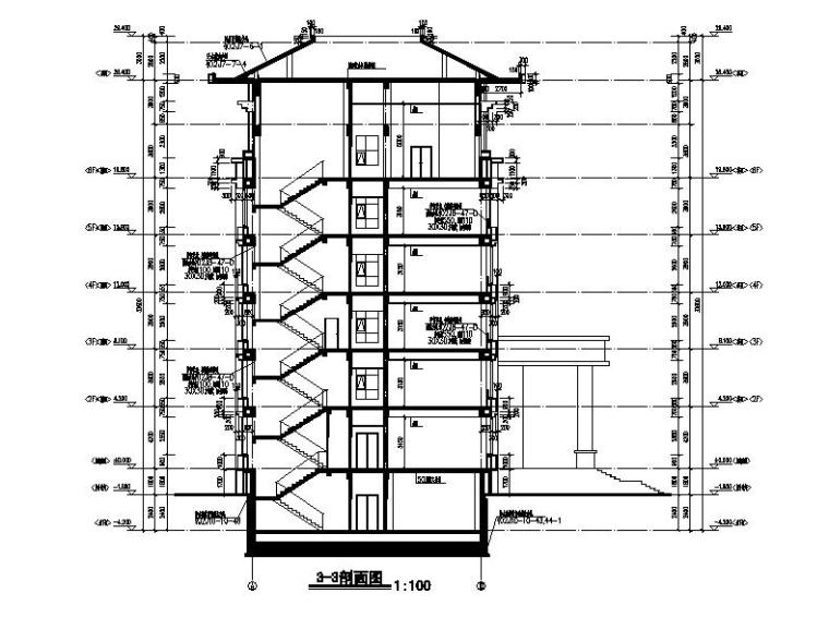 [宁夏]高层石材外墙指挥办公中心建筑施工图（含食堂）-高层石材外墙指挥办公中心建筑剖面图