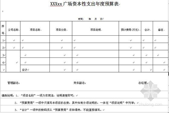 [大连]大型房地产企业管理制度报告（358页）-XXXxx广场资本性支出年度预算表 