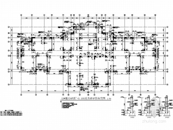 32层剪力墙结构大学城住宅楼结构施工图（含建筑图）-45#楼基础顶~-0.100剪力墙平面布置图 