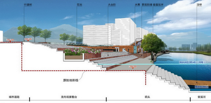 [四川]省重点生态复合绿道湿地滨河公园景观设计方案-龙舟观演区剖面图