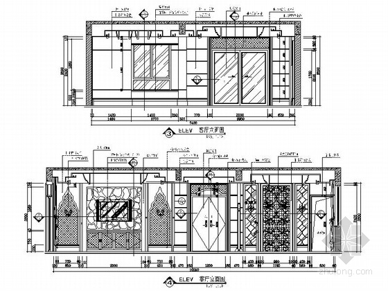 [安徽]115平东南亚风格两居室样板房装修施工图客厅立面图 