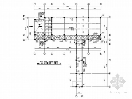 [上海]五层框架结构教学楼结构改造加固施工图-二~四层加固平面图 