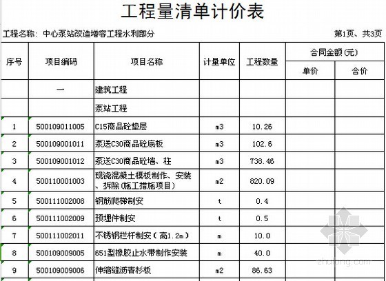 [湖南]双泵站建设项目工程量清单计价实例(附施工图纸)-工程量清单计价表 