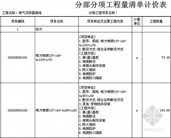 [重庆]剧院电气安装工程量清单报价实例（含停车场 附全套施工图纸27张）-分部分项工程量清单计价表 