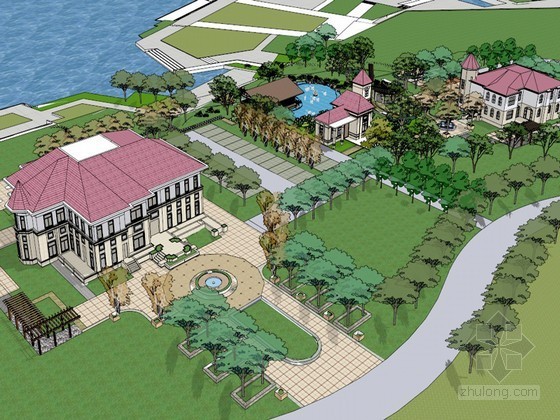 度假公园中式建筑资料下载-度假公园广场SketchUp模型下载