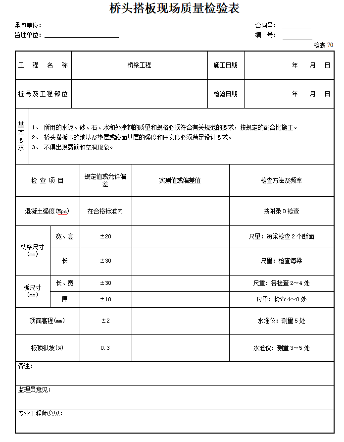 公路桥梁工程施工监理质量检验表格-桥头搭板现场质量检验表