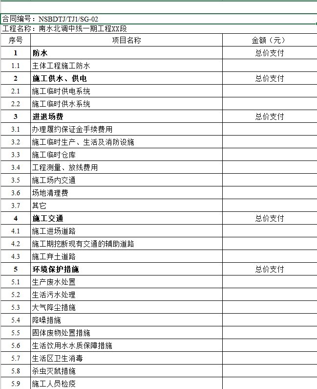 [全套]水利工程量清单范例-5、措施项目清单计价表