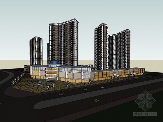 商业住宅混合模型资料下载-住宅区商业建筑SketchUp模型下载