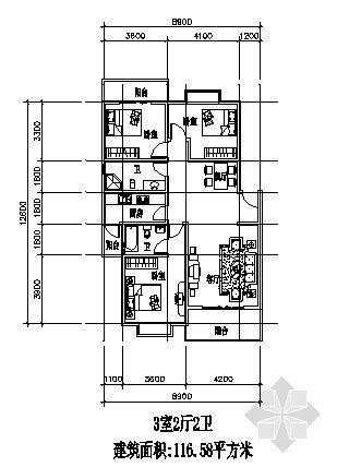两户三室两厅一户四室两厅资料下载-三室两厅一厨两卫116.58平方米