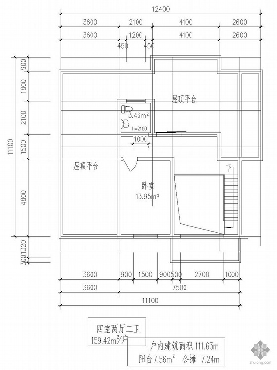 四室二厅户型平面图视频资料下载-板式多层一梯二户四室二厅二卫有跃层户型图(159/159)