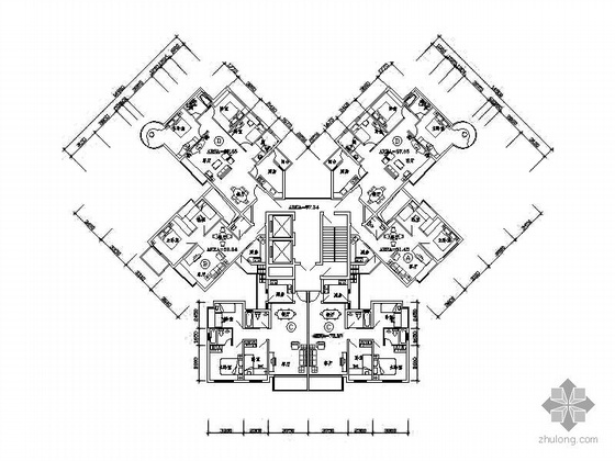 剪刀梯住宅建筑图资料下载-塔式高层一梯六户型图（59/69/81/102）