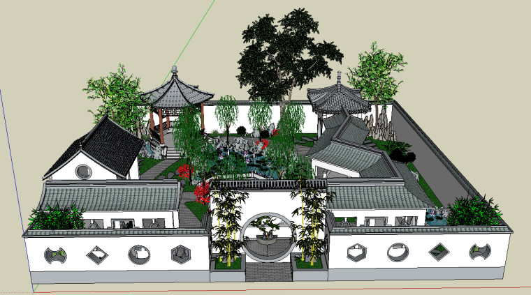 居然之家skp模型资料下载-中式古建园林院落模型.skp