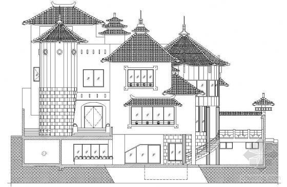 中式仿古别墅建筑资料下载-某三层豪华仿古别墅建筑立剖面方案