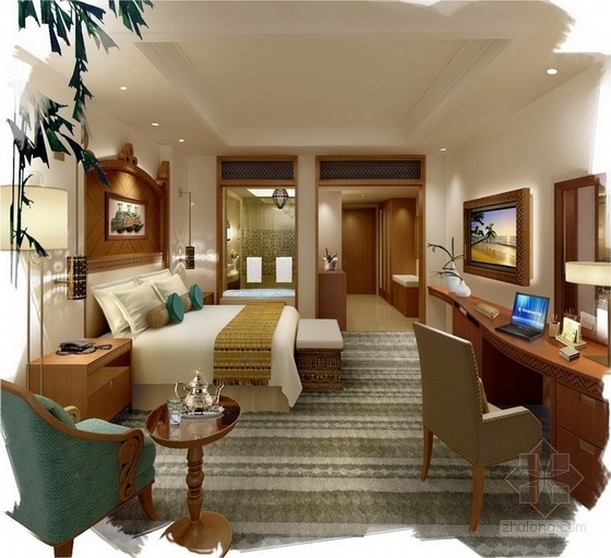 [中东]某豪华泰式五星度假酒店概念设计方案图-套房效果图