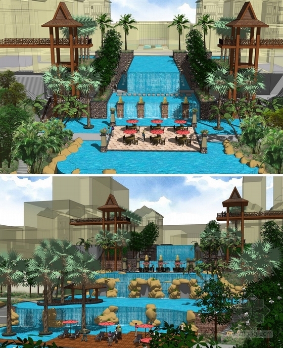 [海南]“泰式”自然休闲温泉度假村景观概念设计方案-酒店泳池效果图