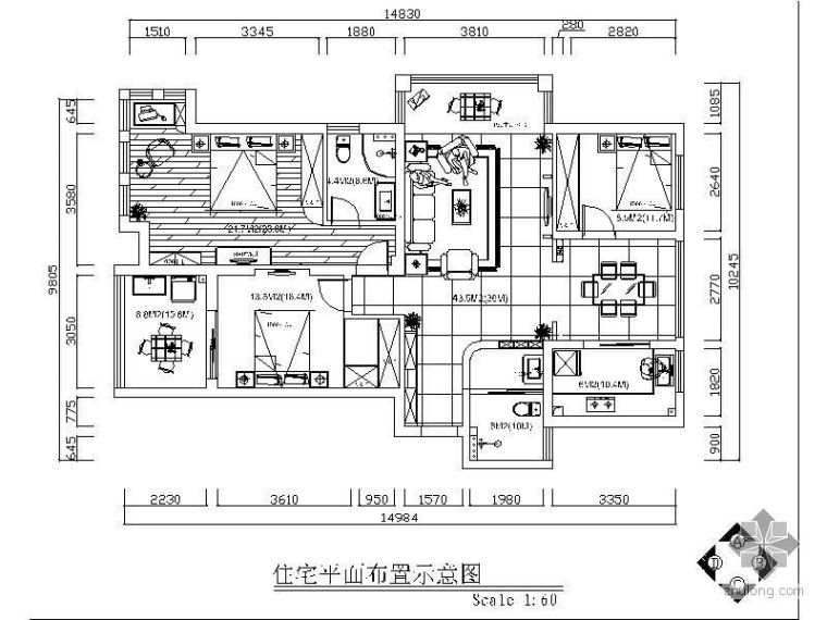 雅居平面施工图资料下载-某三室两厅雅居装饰施工图（含效果图）