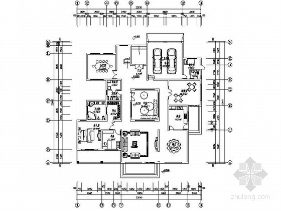 中式独栋别墅平面资料下载-某二层独栋别墅（内有中庭）平面图