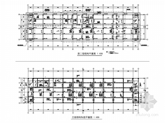 [上海]原框架结构标准厂房改建为六层框剪结构办公楼改造加固结构施工图-二层结构加固平面图
