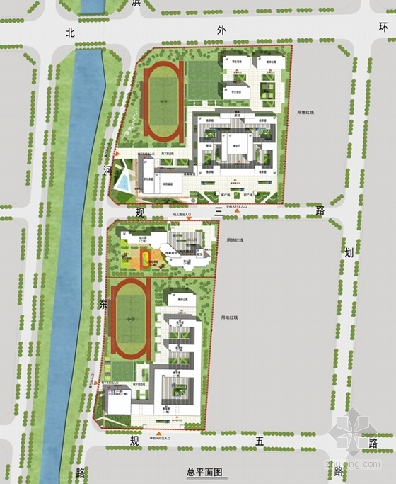 [湖北]现代风格综合性中小学校园规划设计方案文本-现代风格综合性中小学校园规划设计总平面图
