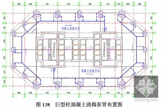 [大连]钢管混凝土柱框架-钢筋混凝土核心筒结构超高层综合体施工组织设计-混凝土浇捣甭管布置图