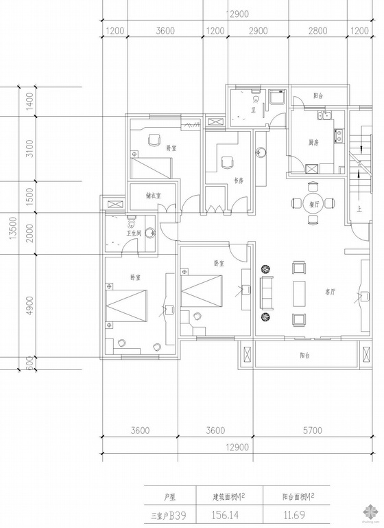 多层大户型建筑方案图资料下载-板式多层一梯两户户型图(156/156)